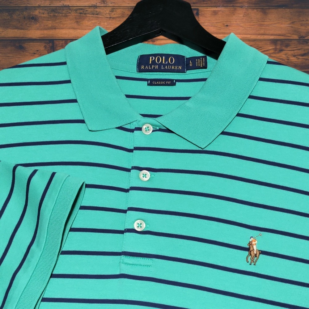 Polo Ralph Lauren Polo Shirt Mens Large Classic Fit Blue Striped Brown Pony